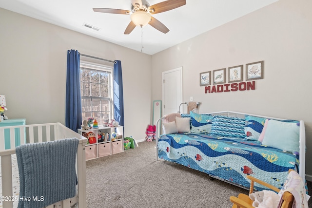 bedroom featuring carpet floors and ceiling fan