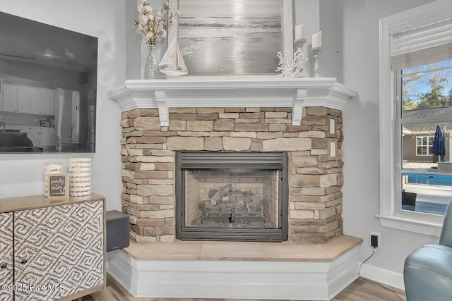 details featuring hardwood / wood-style floors and a fireplace