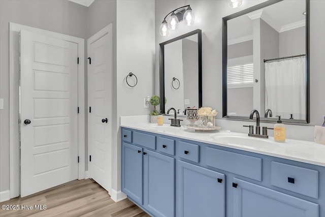 bathroom featuring vanity, hardwood / wood-style floors, and crown molding