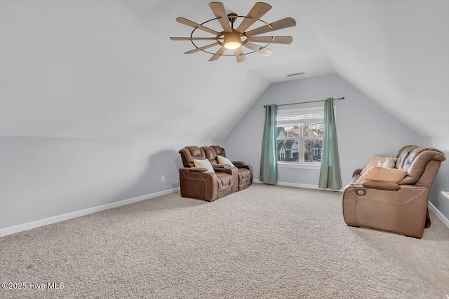 additional living space featuring ceiling fan, vaulted ceiling, and carpet