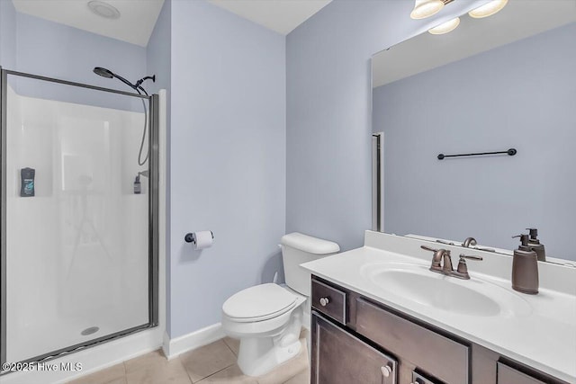 bathroom featuring tile patterned floors, toilet, a shower with door, and vanity