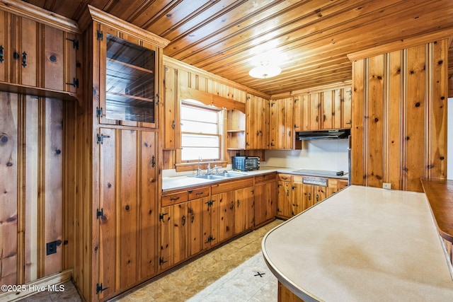 kitchen featuring sink, black electric stovetop, and wooden ceiling