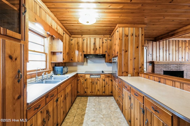 kitchen with oven, sink, wooden ceiling, and black electric cooktop