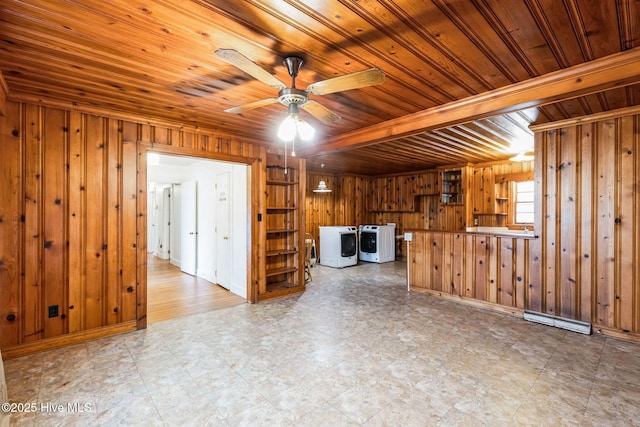 unfurnished living room with washer / clothes dryer, ceiling fan, wood ceiling, and wood walls