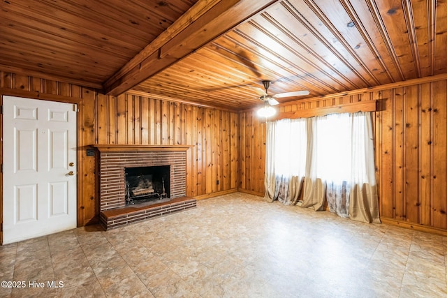 unfurnished living room featuring a brick fireplace, wood ceiling, beamed ceiling, and wood walls