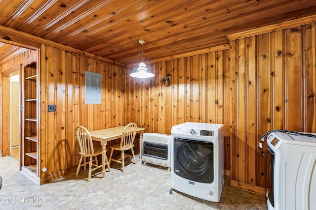 washroom featuring washer / clothes dryer, wooden walls, heating unit, and wood ceiling