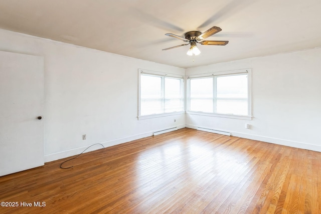 empty room featuring a baseboard radiator, light hardwood / wood-style floors, and ceiling fan