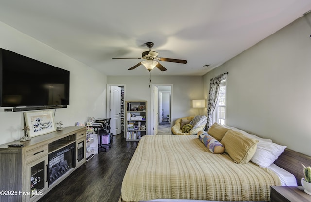 bedroom featuring a walk in closet, visible vents, dark wood finished floors, and a ceiling fan