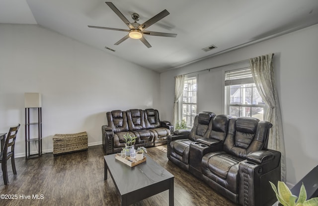 living room featuring ceiling fan, lofted ceiling, and dark hardwood / wood-style flooring