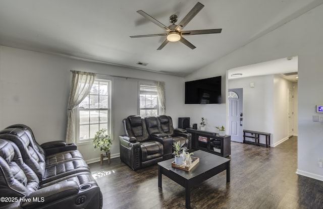 living room with vaulted ceiling, dark hardwood / wood-style floors, and ceiling fan