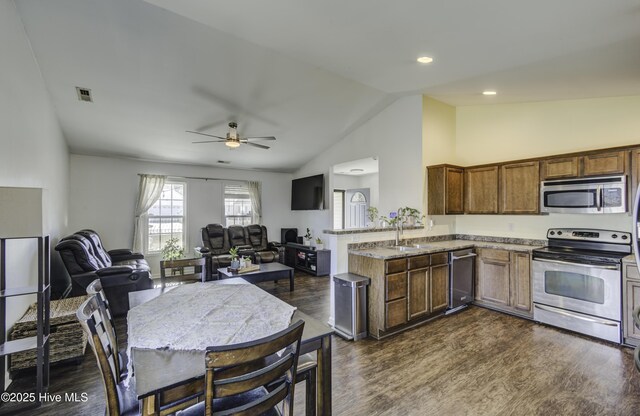 kitchen featuring lofted ceiling, sink, stainless steel appliances, and kitchen peninsula