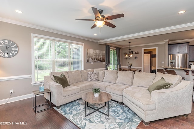 living room featuring ornamental molding, dark hardwood / wood-style flooring, and ceiling fan with notable chandelier