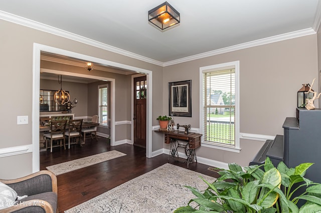 entrance foyer with ornamental molding, dark hardwood / wood-style flooring, and a chandelier