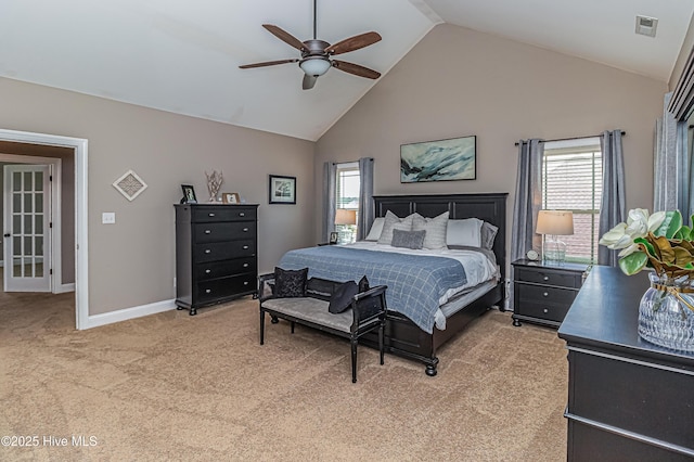 carpeted bedroom featuring high vaulted ceiling and ceiling fan