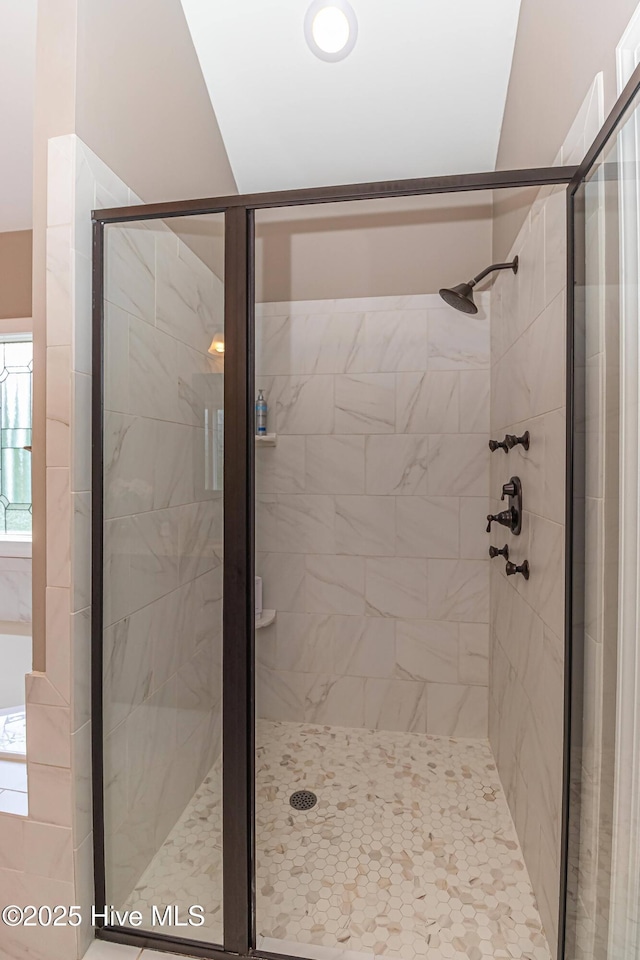 bathroom featuring a shower with shower door