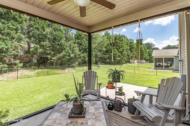 sunroom featuring wooden ceiling and ceiling fan