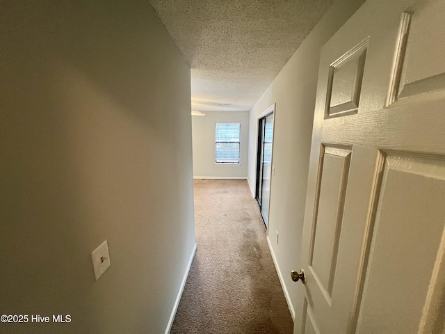 hallway with carpet flooring and a textured ceiling