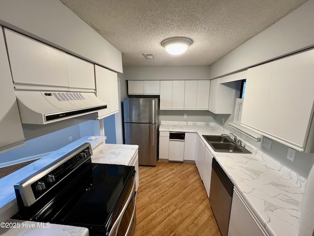 kitchen with white cabinetry, appliances with stainless steel finishes, sink, and light wood-type flooring