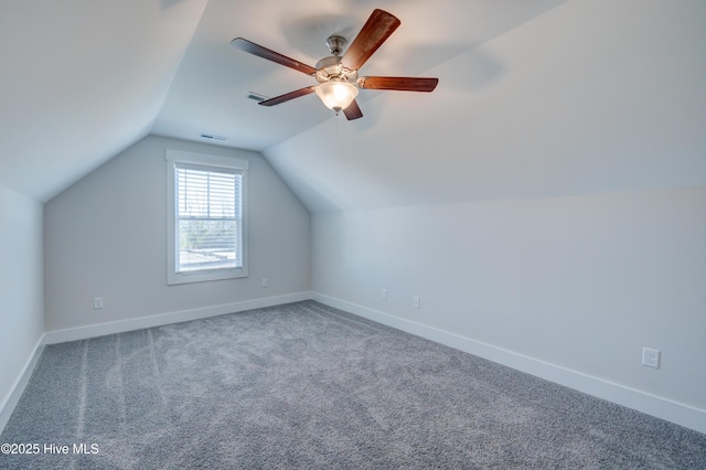 bonus room featuring carpet floors, vaulted ceiling, and ceiling fan