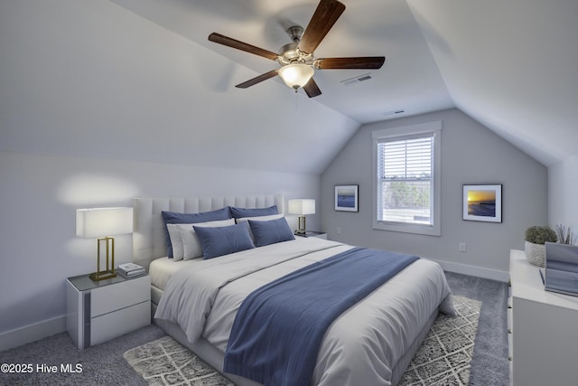 bedroom featuring lofted ceiling, ceiling fan, and carpet