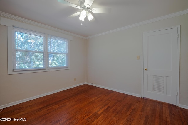 unfurnished room with ceiling fan, ornamental molding, and wood-type flooring