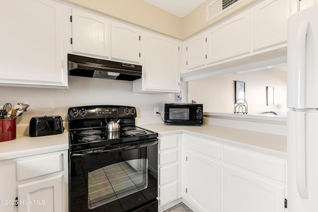 kitchen featuring white cabinetry and black appliances