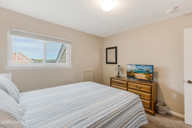 carpeted bedroom with a textured ceiling