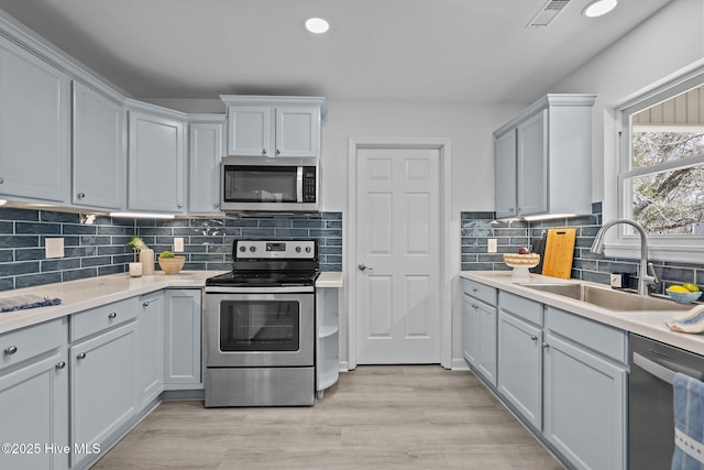 kitchen with tasteful backsplash, appliances with stainless steel finishes, sink, and light wood-type flooring