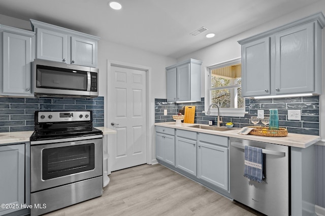 kitchen with sink, light hardwood / wood-style flooring, gray cabinetry, backsplash, and stainless steel appliances