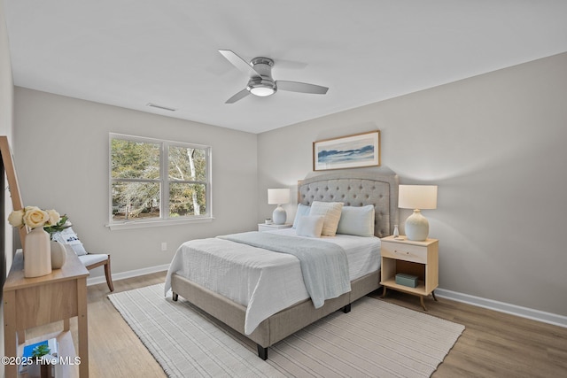 bedroom featuring ceiling fan and wood-type flooring