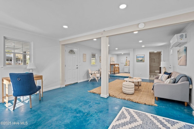 living room featuring an AC wall unit