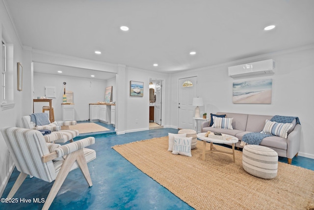 living room featuring crown molding and a wall mounted AC