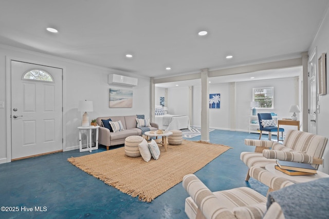 carpeted living room with ornamental molding and a wall mounted air conditioner