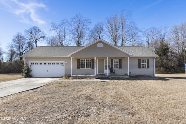 single story home with a garage and a porch