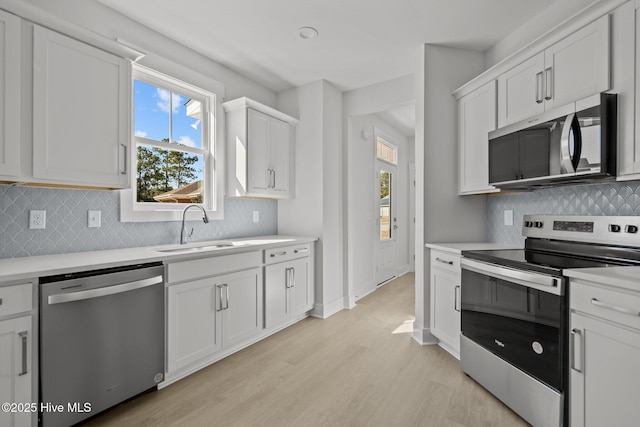 kitchen with appliances with stainless steel finishes, white cabinetry, sink, decorative backsplash, and light wood-type flooring