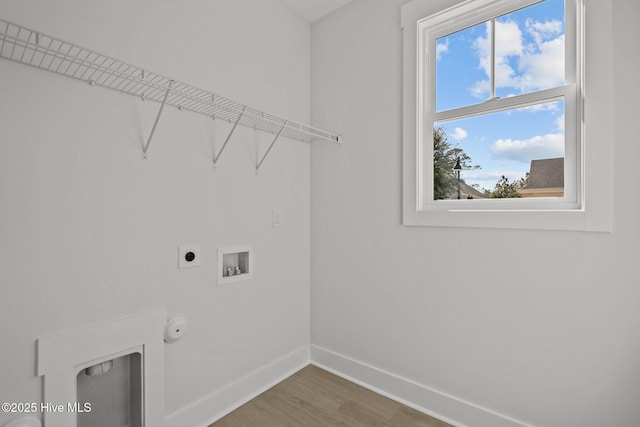 washroom with hardwood / wood-style flooring, electric dryer hookup, washer hookup, and hookup for a gas dryer