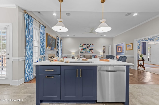 kitchen featuring pendant lighting, ornamental molding, a kitchen island with sink, and stainless steel dishwasher