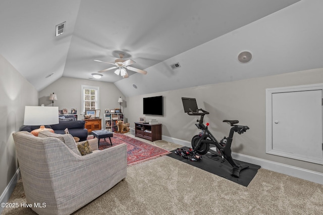 workout area featuring vaulted ceiling, ceiling fan, and carpet floors