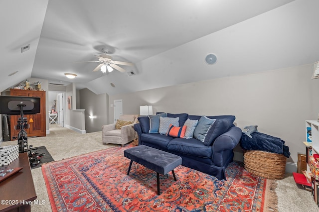 living room with lofted ceiling, light colored carpet, and ceiling fan