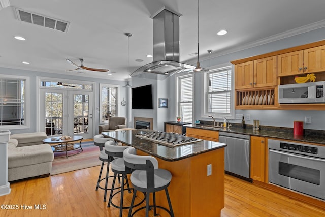 kitchen featuring appliances with stainless steel finishes, island range hood, sink, hanging light fixtures, and a center island