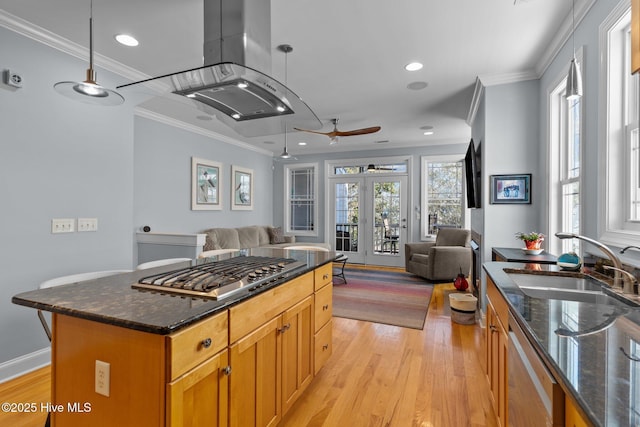 kitchen featuring sink, crown molding, light hardwood / wood-style flooring, appliances with stainless steel finishes, and a center island