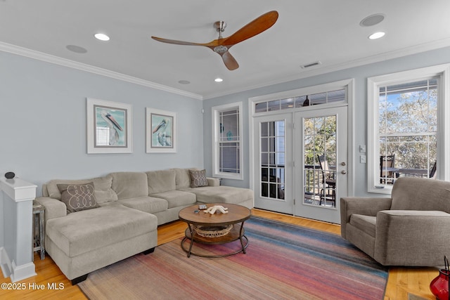 living room with ceiling fan, ornamental molding, and wood-type flooring