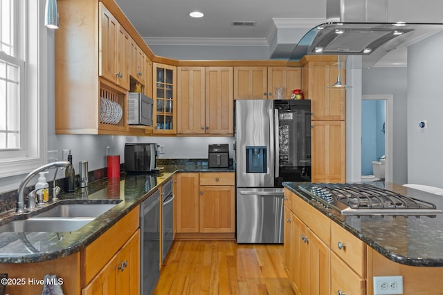 kitchen with crown molding, appliances with stainless steel finishes, decorative light fixtures, and sink