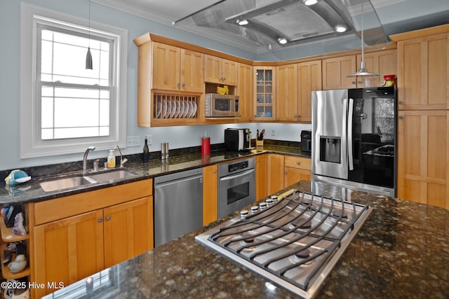 kitchen featuring stainless steel appliances, ornamental molding, sink, and pendant lighting