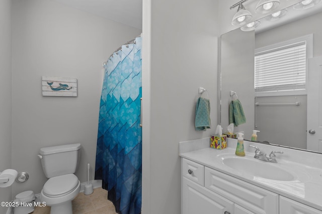 bathroom featuring vanity, tile patterned flooring, toilet, and a shower with shower curtain