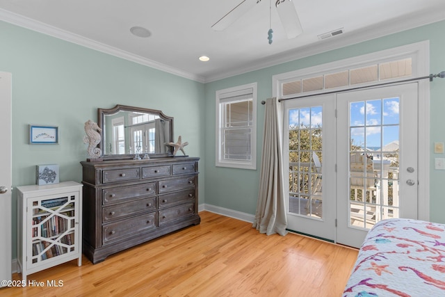 bedroom with access to exterior, crown molding, ceiling fan, and light wood-type flooring