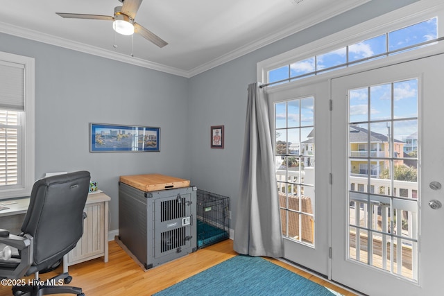 office with ornamental molding, light hardwood / wood-style flooring, and plenty of natural light