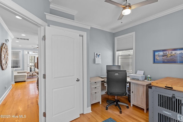 office with crown molding, ceiling fan, and light hardwood / wood-style floors