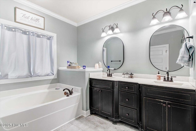 bathroom featuring crown molding, vanity, and a tub