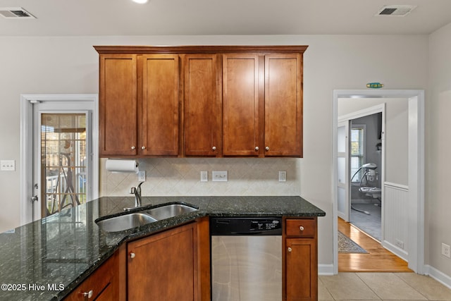 kitchen featuring dark stone countertops, sink, a wealth of natural light, and dishwasher